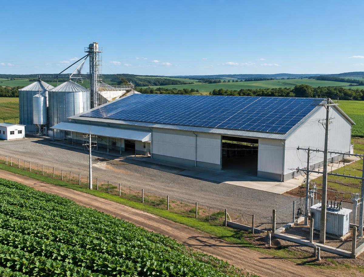Estrutura rural com telhado de painéis solares e infraestrutura elétrica