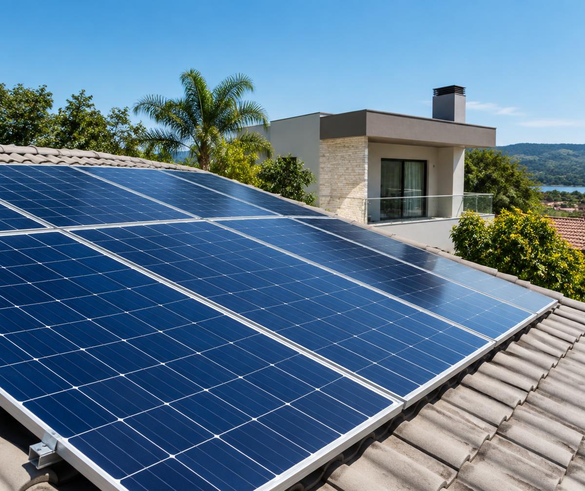 Placas solares instaladas em telhado residencial